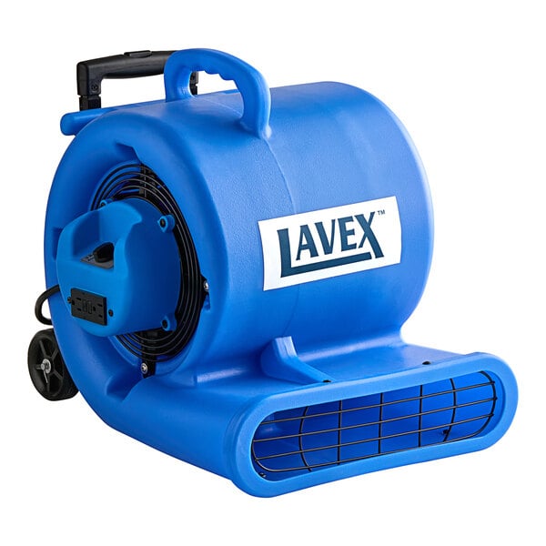 A blue Lavex air blower with a black and white label.