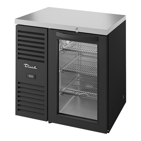 A black True back bar refrigerator with a glass door.