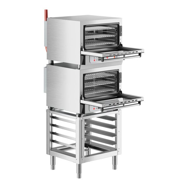 A stack of two Cooking Performance Group stainless steel convection ovens with open doors.