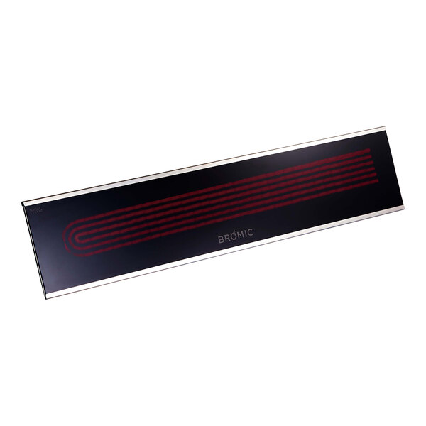 A black rectangular Bromic Heating outdoor patio heater with red lines and white text.