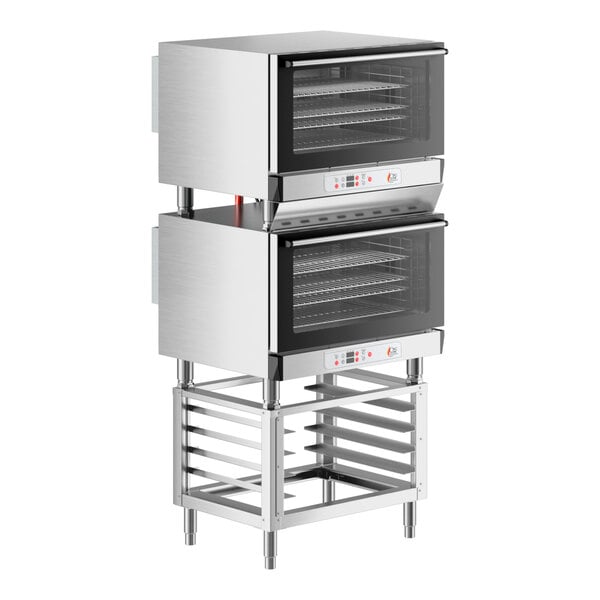 A Cooking Performance Group double stacked convection oven on a stand with one on top.