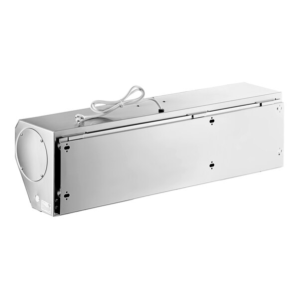 A silver rectangular stainless steel air curtain with a white cord.