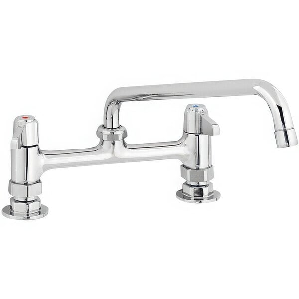 A silver Equip by T&S deck mount swivel base faucet with two handles.