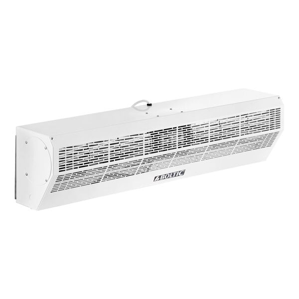 A white rectangular Boltic air curtain with a white cover and a handle.