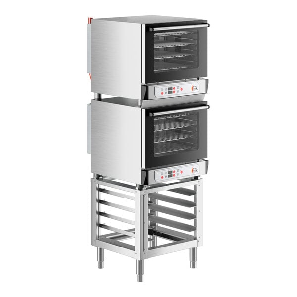 A stack of two Cooking Performance Group double stacked convection ovens on a stand.