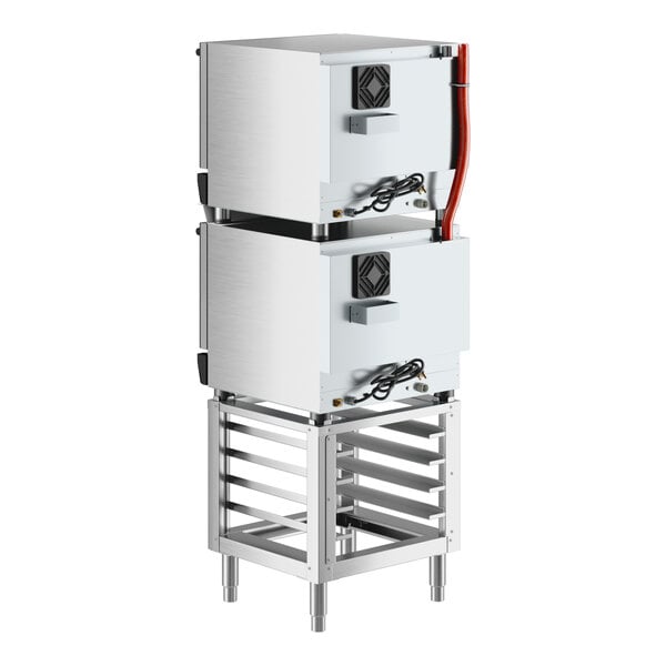 A Cooking Performance Group double stacked convection oven on a stand.