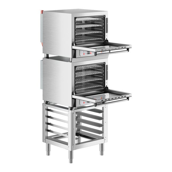 A stack of two Cooking Performance Group double convection ovens on a stand.