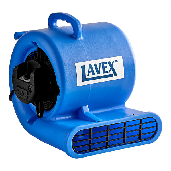 A blue Lavex air blower with a white label.