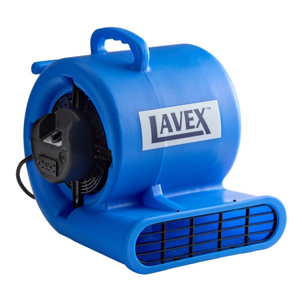 A blue Lavex 3-speed compact air mover with GFCI power outlets.