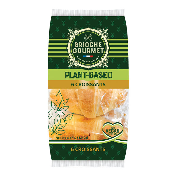 A white package of Brioche Gourmet frozen plant-based croissants.