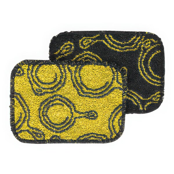 Two black and yellow Lodge scrub cloths.