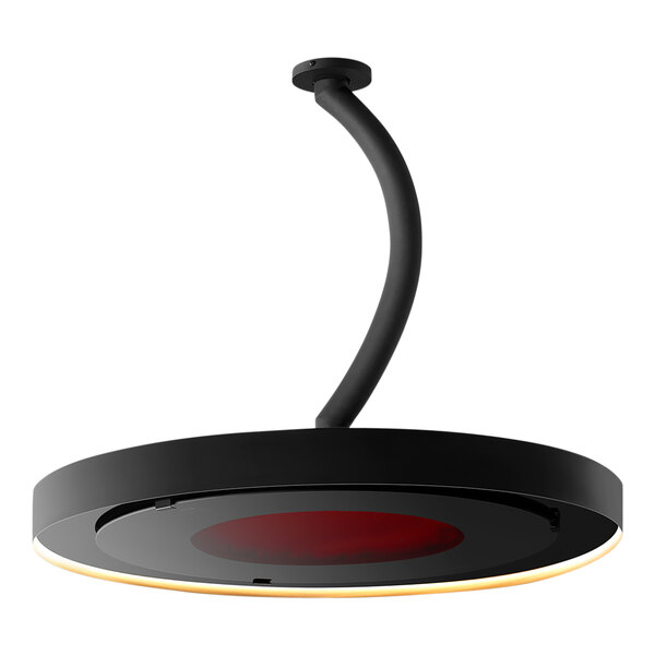 A close up of a Bromic Heating curved black and red ceiling mount pole.