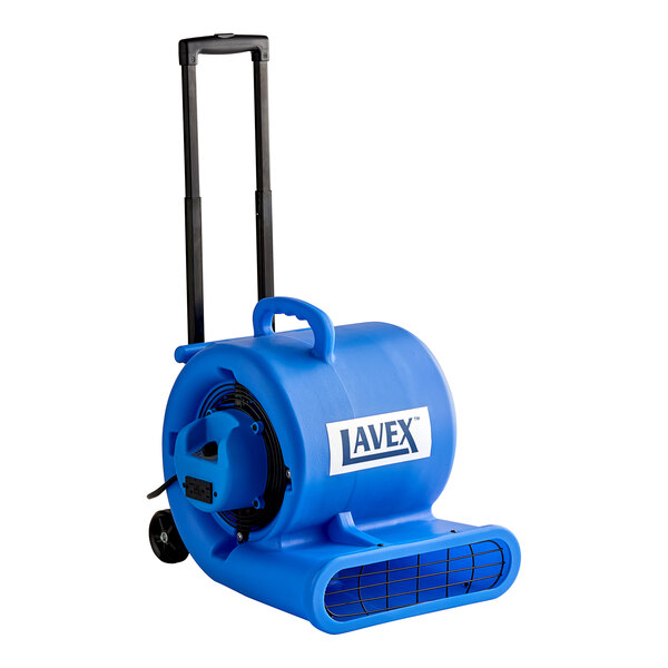 A blue and black Lavex 3-Speed Compact Air Mover with telescoping handle and wheels.