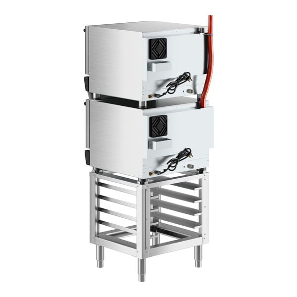 A double stacked Cooking Performance Group electric convection oven on a stand.