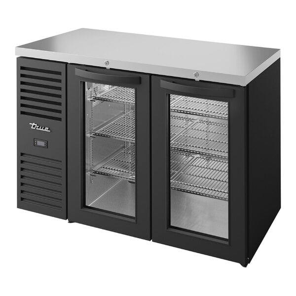 A black refrigerator with two glass doors.