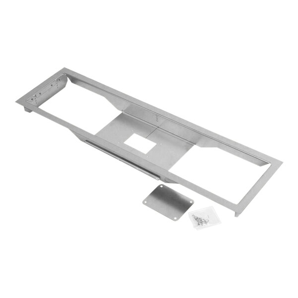 A metal frame with a rectangular cutout and a hole in the middle for a Bromic Heating low clearance recess kit.