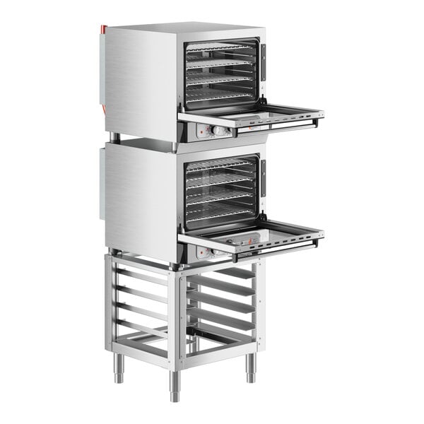 A stack of two Cooking Performance Group electric convection ovens on a stand.
