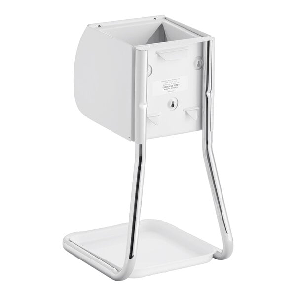 A white metal rectangular box with silver legs and a metal frame holding a white bowl.