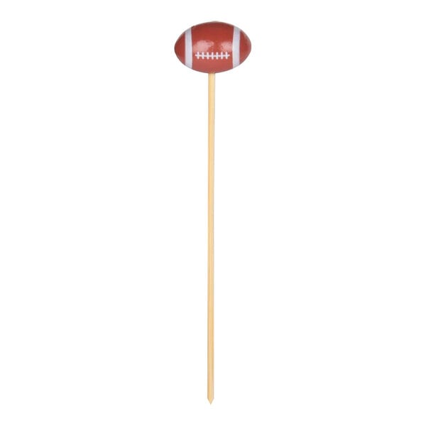 A football-shaped bamboo food pick.