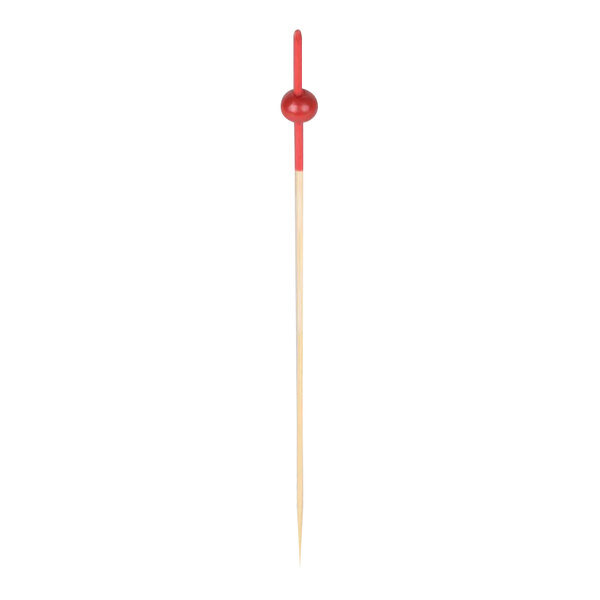 A wooden food pick with a red beaded end.