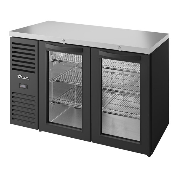 A black refrigerator with two glass doors.