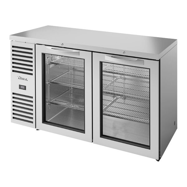 A True stainless steel back bar refrigerator with two glass doors.