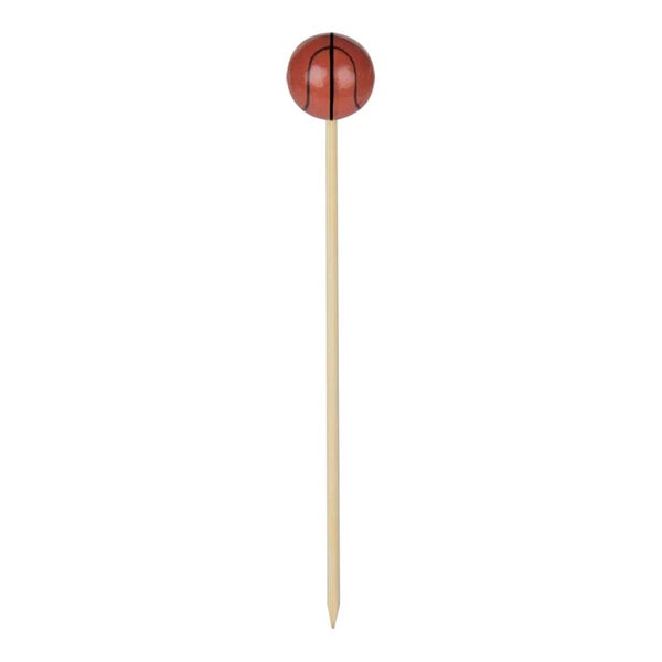A 4 3/4" long wooden food pick with a basketball on top.