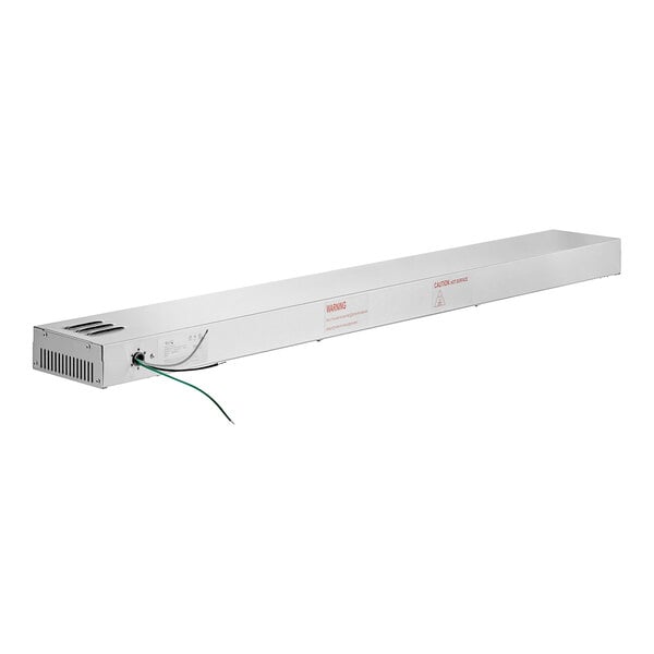 A white rectangular Avantco strip warmer with a green wire.