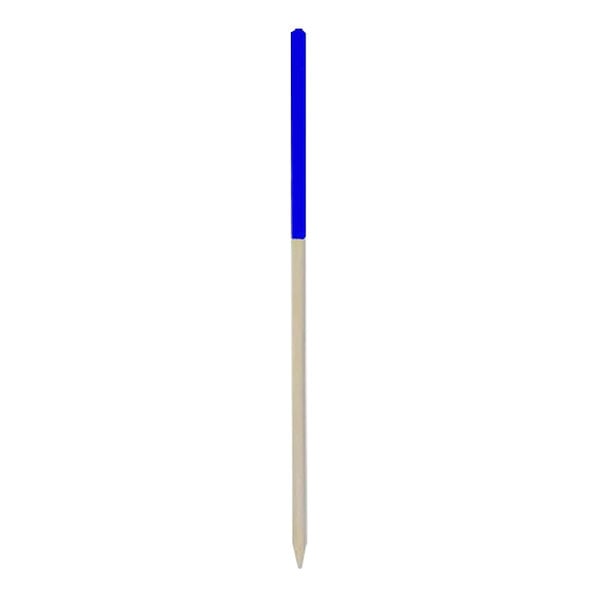 A wooden food pick with a blue tip.