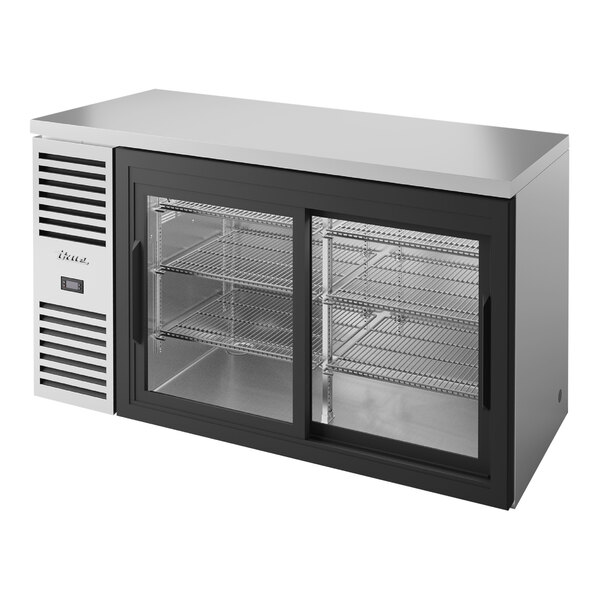 A True stainless steel back bar refrigerator with two sliding glass doors.