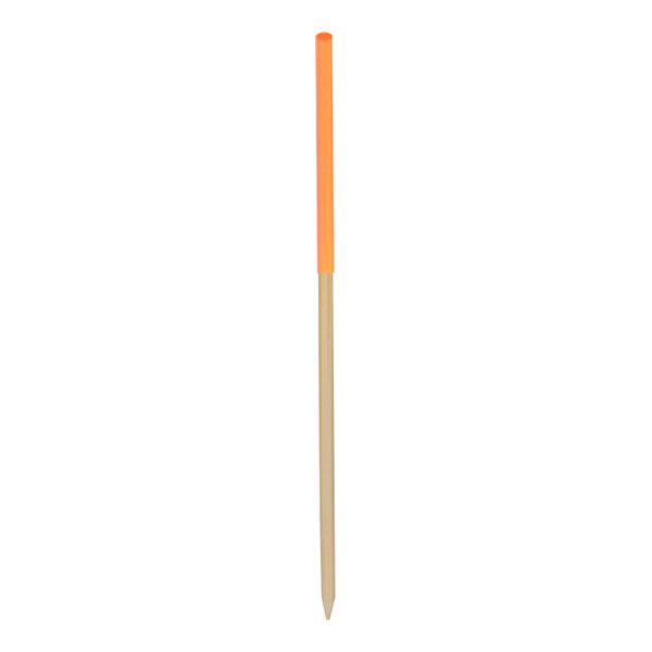A wooden food and cocktail pick with an orange tip.