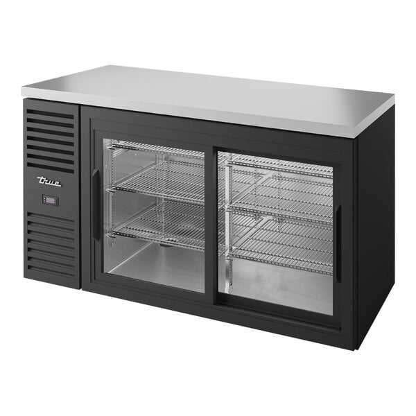 A True black back bar refrigerator with glass doors.