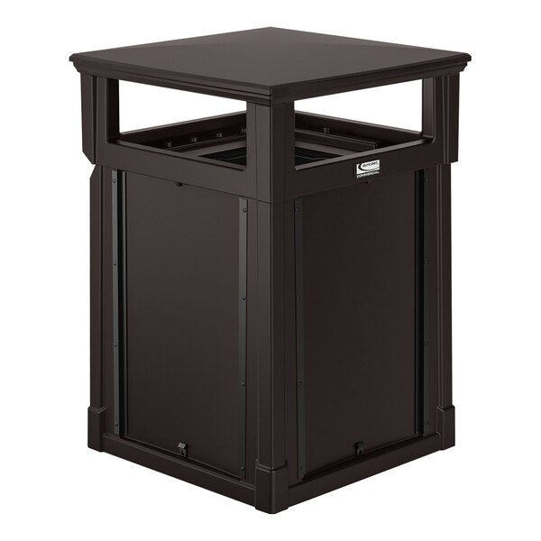 A Suncast Java outdoor waste container with a dome top lid on a table.