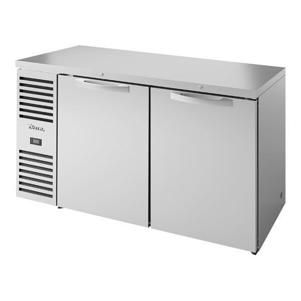 A stainless steel True back bar refrigerator with solid doors.