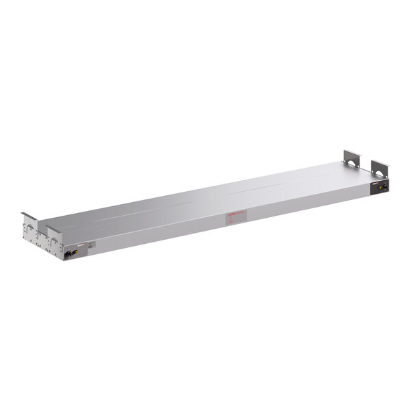 A long, stainless steel double strip food warmer with dual toggle controls.