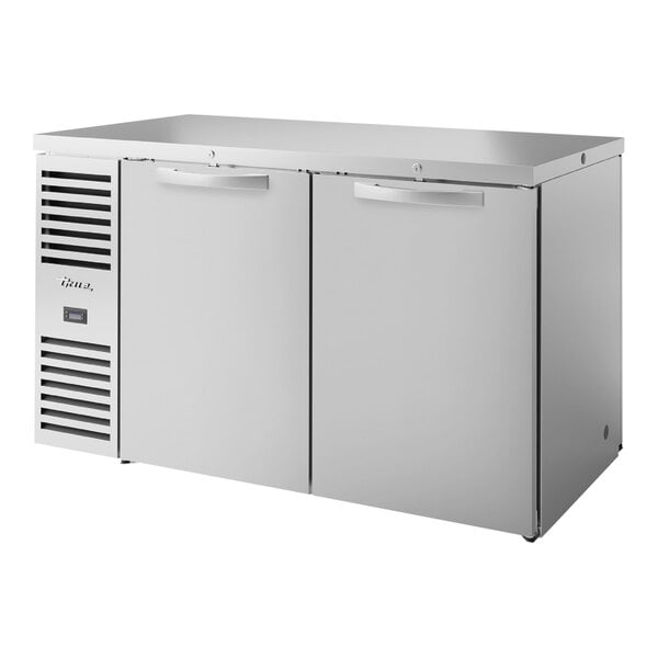 A stainless steel True back bar refrigerator with two solid doors.