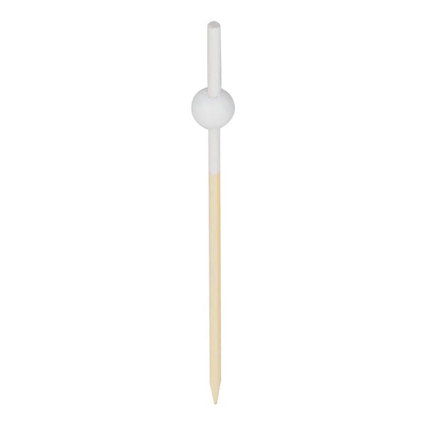 A white beaded bamboo food and cocktail pick with a black handle.