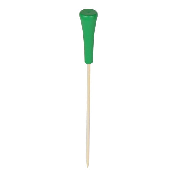 A green wooden Pick On Us golf tee food pick.