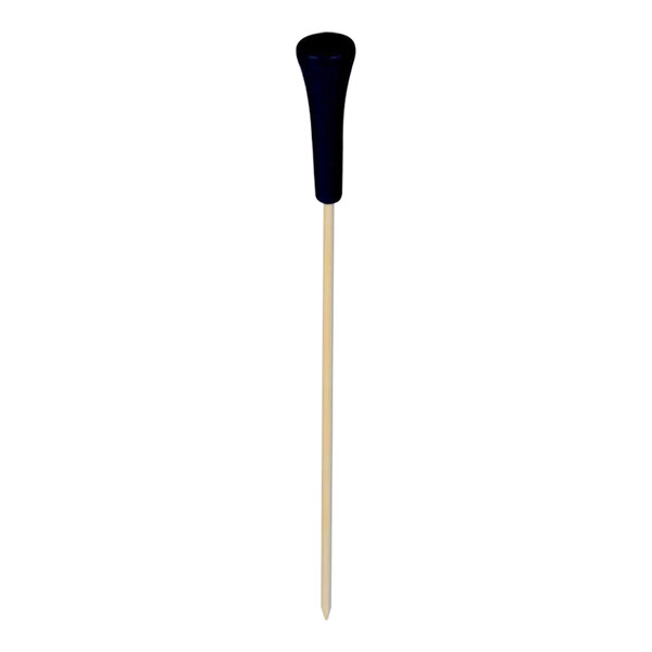 A black bamboo food pick with a white handle.