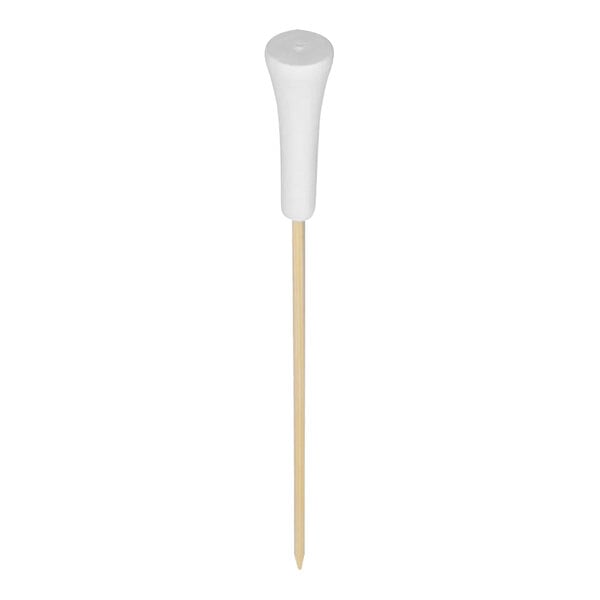 A white bamboo food and cocktail pick with a wooden stick.