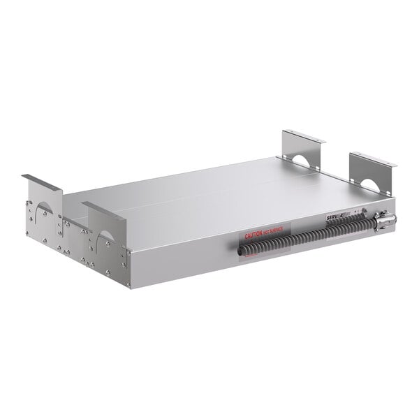 A stainless steel double strip food warmer with dual toggle controls and mounting brackets.