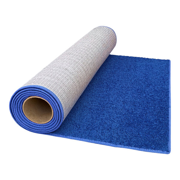 A rolled up blue FloorEXP carpet runner.