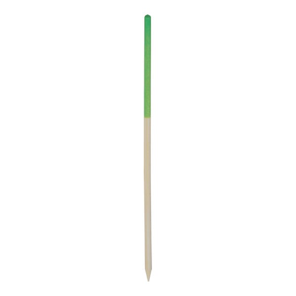 A green wooden food/cocltail pick with a white tip.