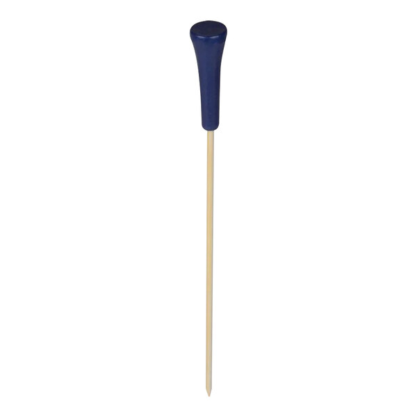 A bamboo food and cocktail pick with a blue tip.