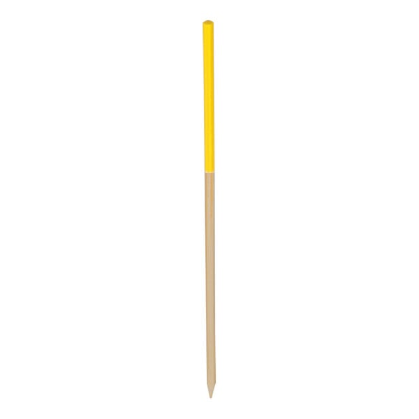 A yellow bamboo food/coktail pick with a white background.