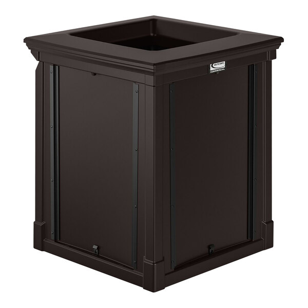 A black square Suncast outdoor waste container with an open top.