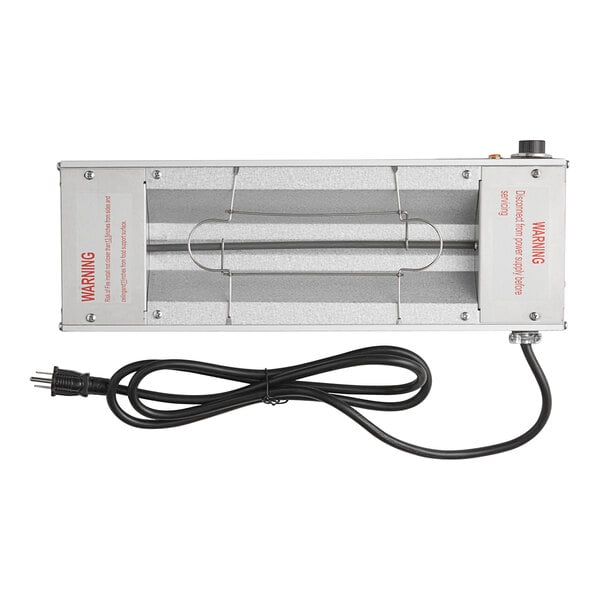 A ServIt silver metal strip warmer with a black cord attached.