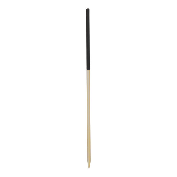 A white background with a black 3 1/2" bamboo food pick with a black tip.