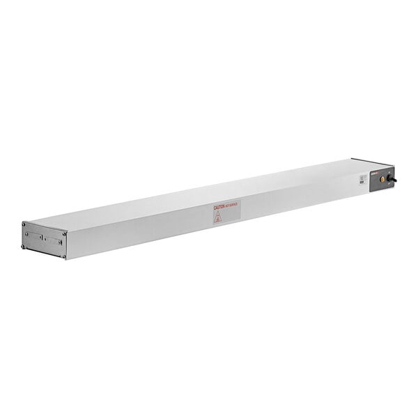 A long rectangular metal shelf with a red toggle switch.