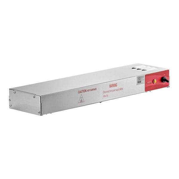 A white rectangular metal box with red and white text reading "Avantco Strip Warmer" and a red and white power supply cord.